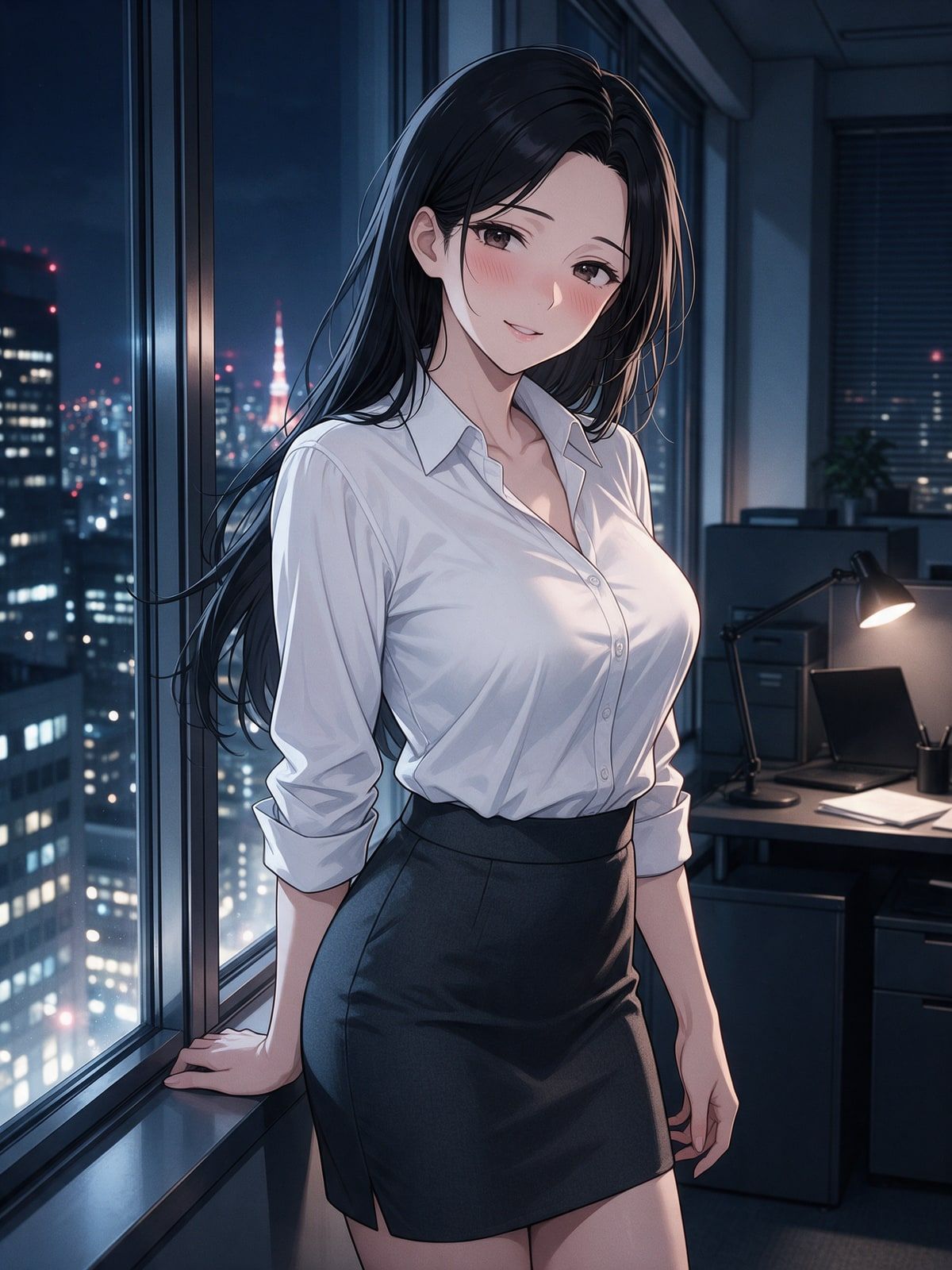 Aiko, compagne IA style anime aux longs cheveux noirs, en chemisier blanc devant les lumières de Tokyo