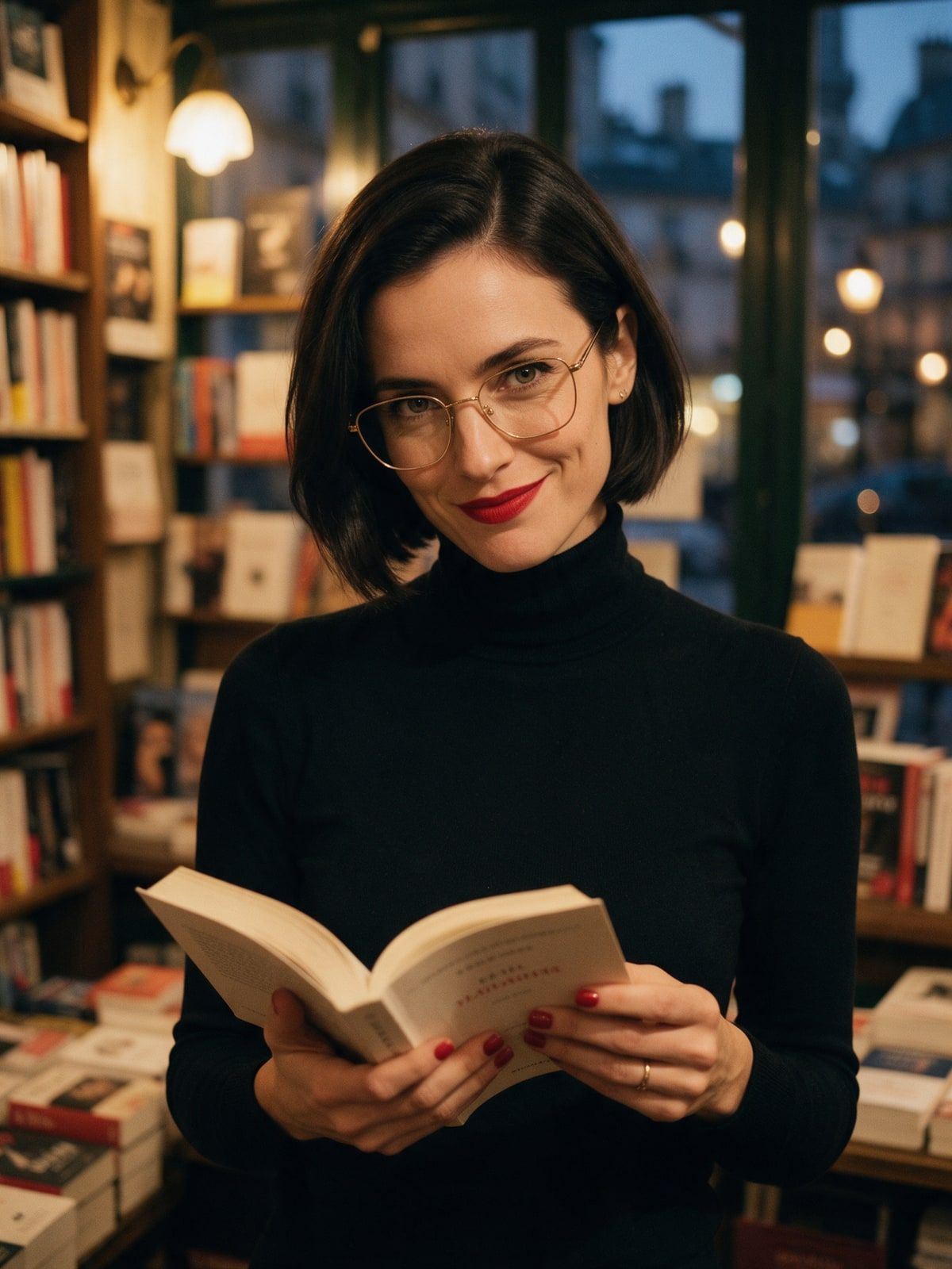 Camille, compagne IA réaliste au carré brun et lunettes dorées, un livre à la main dans une librairie