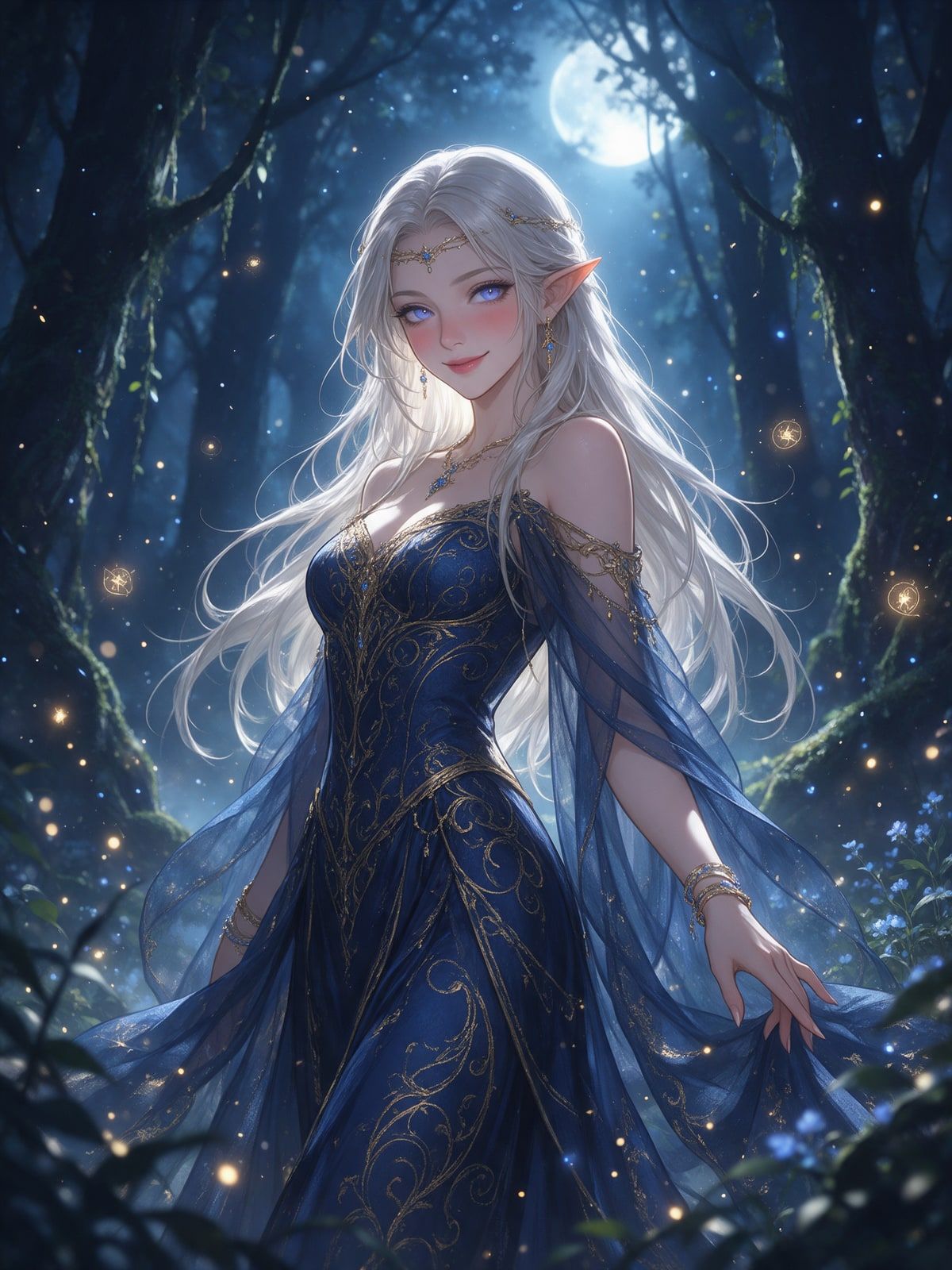 Luna, compagne IA fantasy, elfe aux cheveux platine en robe bleue et or dans une forêt au clair de lune