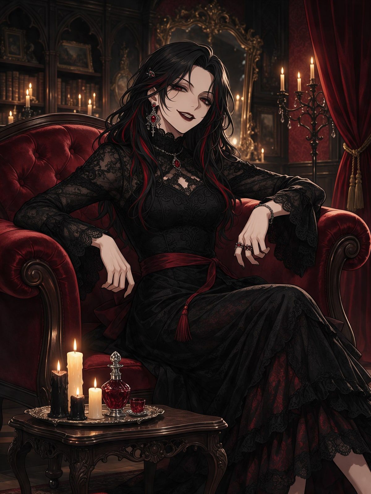 Raven, compagne IA style anime gothique aux cheveux noirs et rouges, en robe de dentelle noire