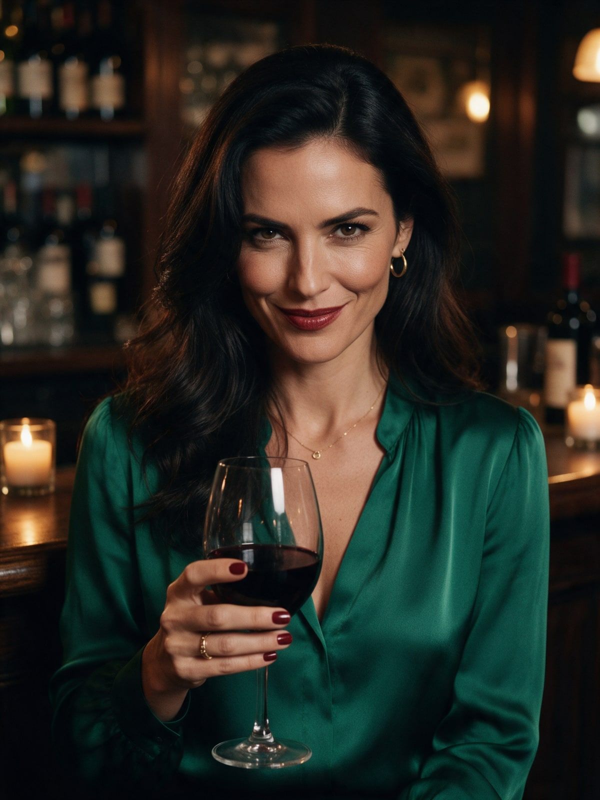 Sofia, compagne IA réaliste brune en chemisier vert émeraude, un verre de vin rouge à la main